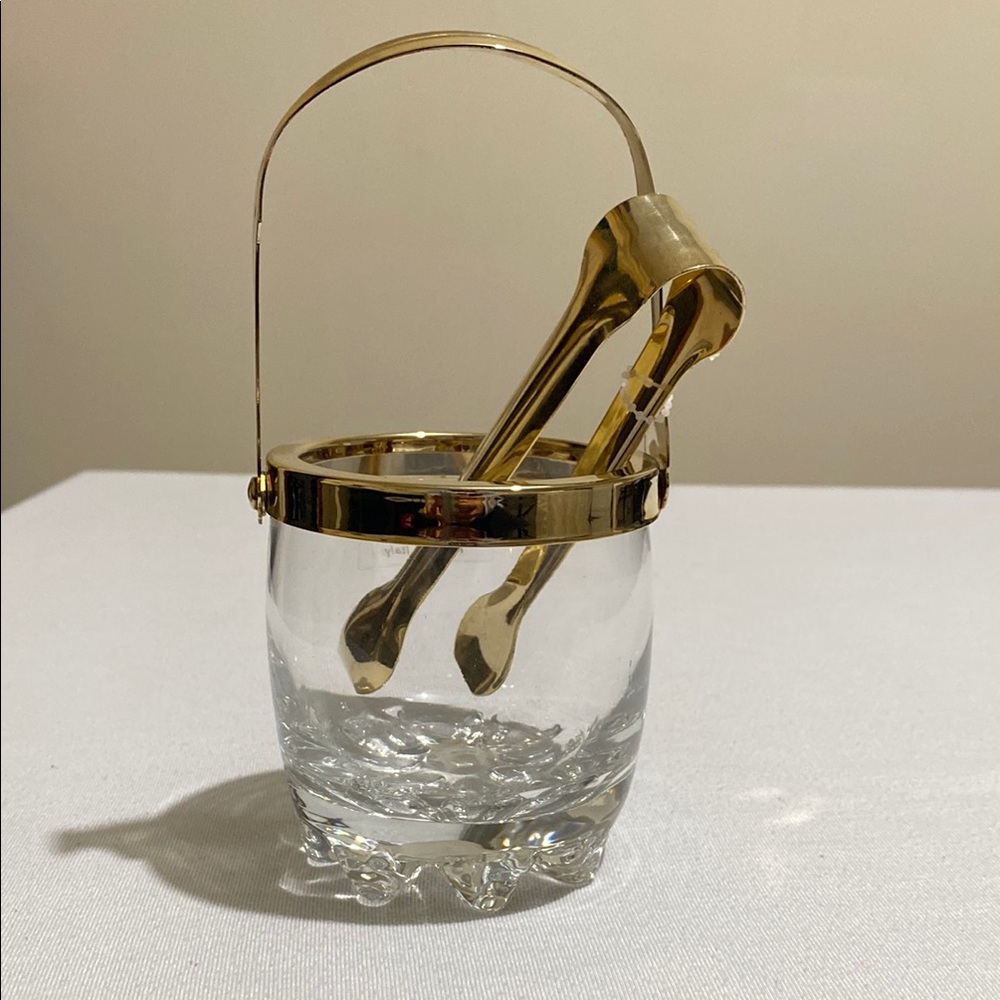Small Crystal Ice Bucket with Gold Color Metal Trim and Ice Tong Made in Italy - Picture 5 of 10